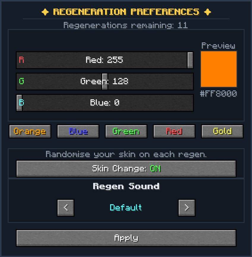 Regeneration Preferences GUI screenshot